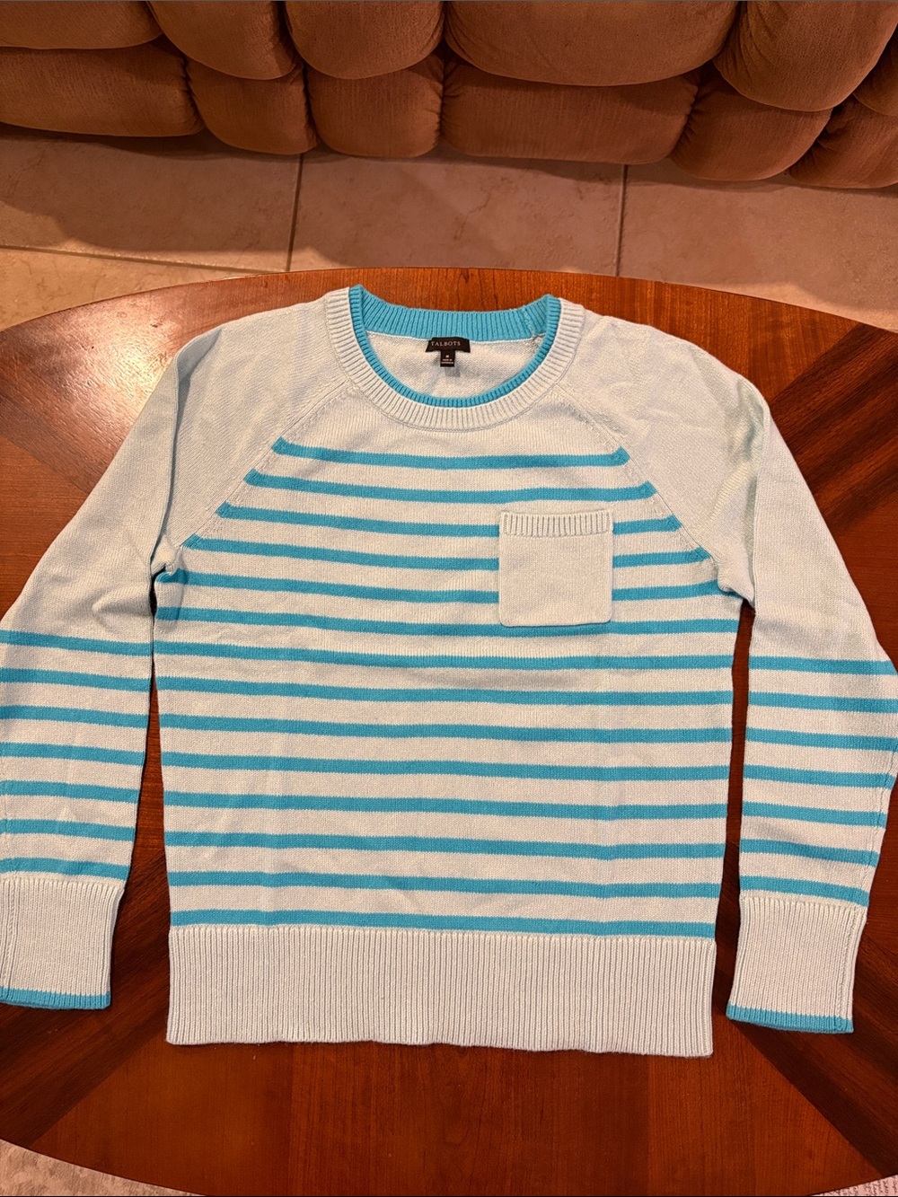 Talbots Women’s Light Blue & Aqua Striped Crewneck Sweater